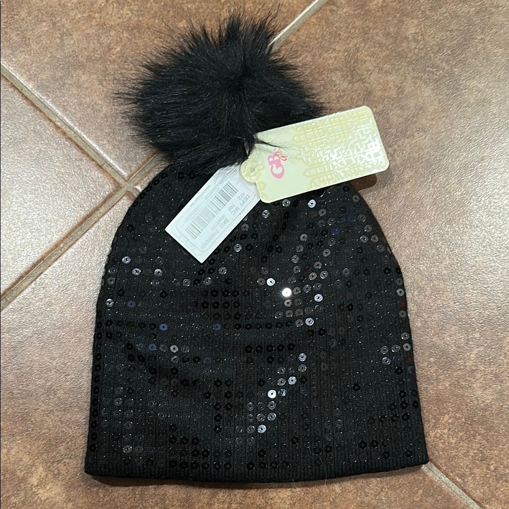 GB Girls Black Sequin Beanie with Pom Pom